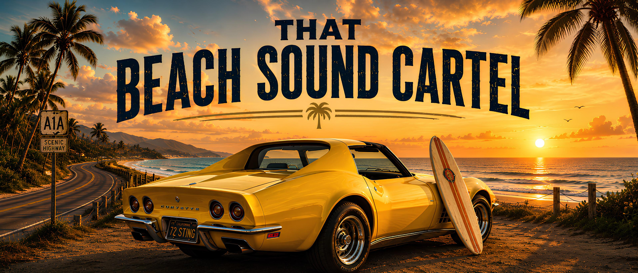 That Beach Sound Cartel on the A1A coast with a yellow Corvette and surfboard